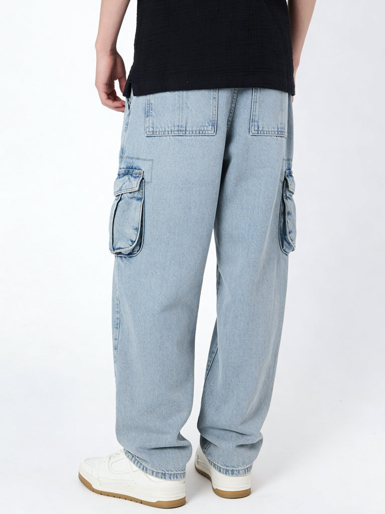 Boys Blue Cargo Pocket Wide Leg Jeans