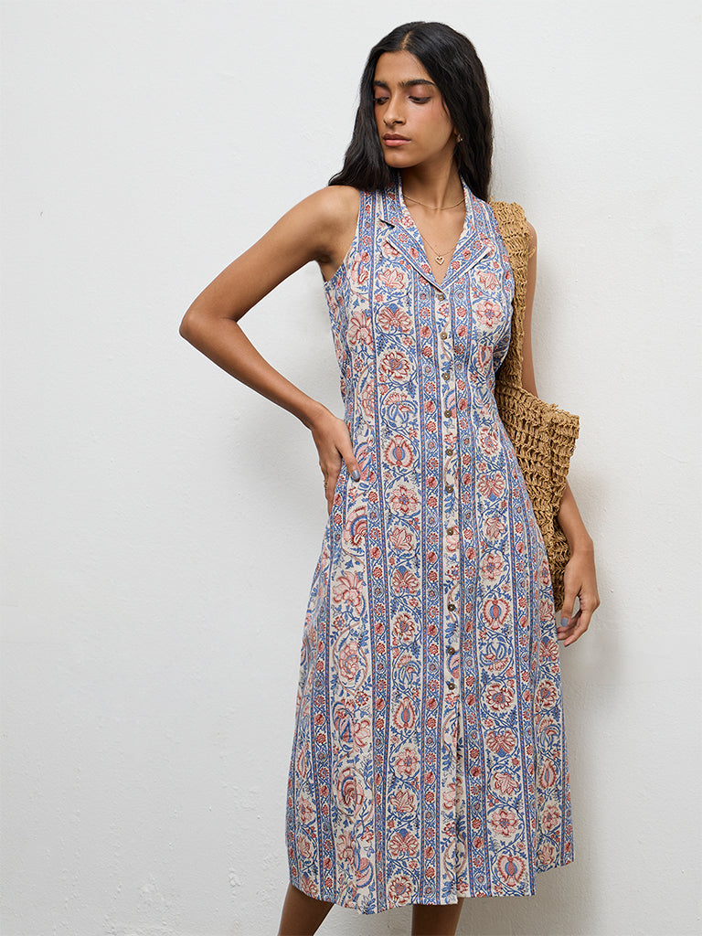 Buy Bombay Paisley Blue Floral Printed Cotton A-Line Dress from Westside – Westside Global