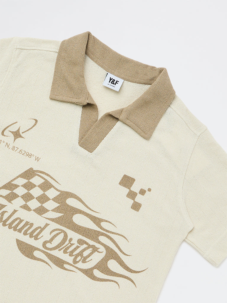 Y&F Kids Boys Beige Graphic Printed T-Shirt
