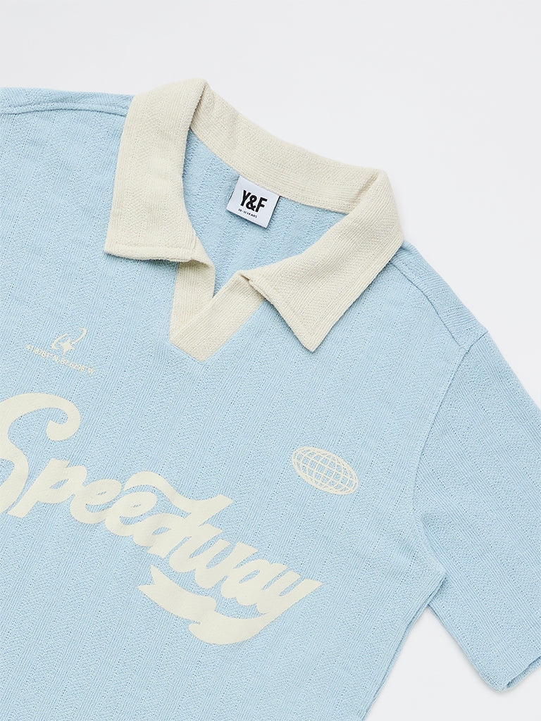 Y&F Kids Boys Light Blue Text-Printed Cotton-Blend T-Shirt