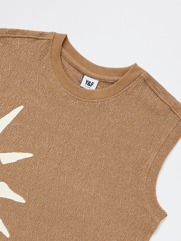 Y&F Kids Boys Brown Printed Cotton-Blend T-Shirt