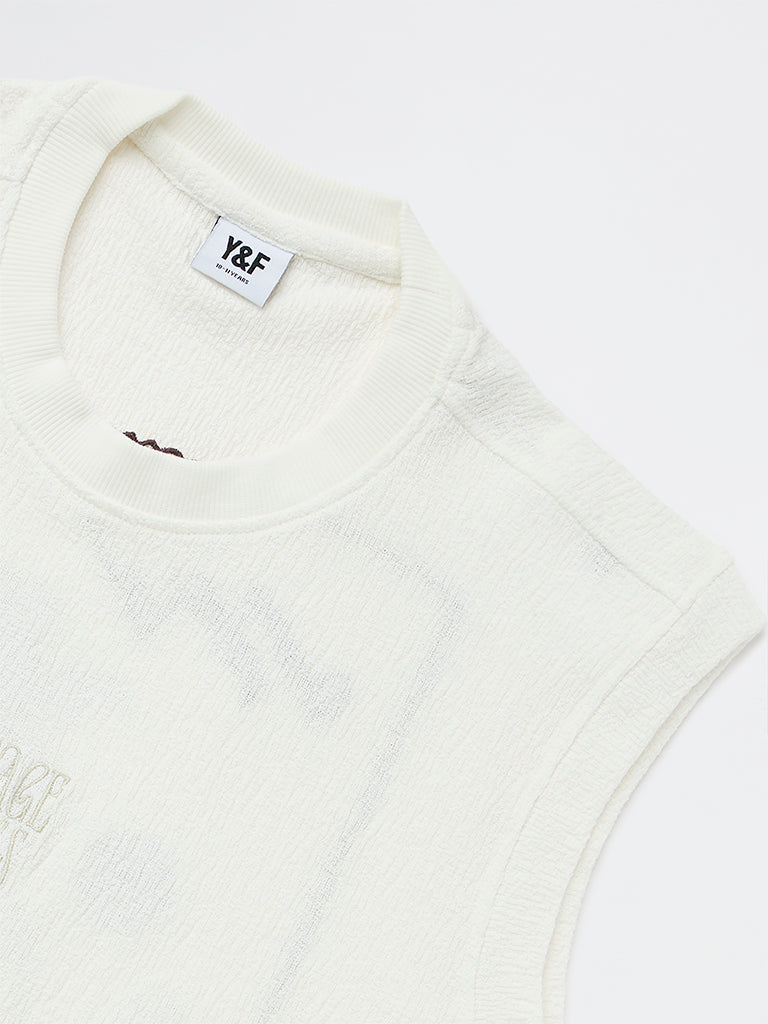 Y&F Kids Boys Off-White Printed Cotton-Blend T-Shirt