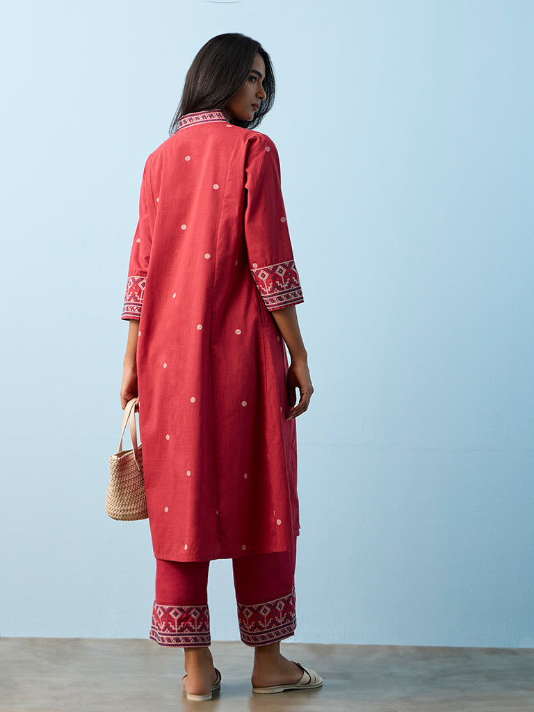 Utsa Red Aztec Embroidered Cotton A-Line Kurta