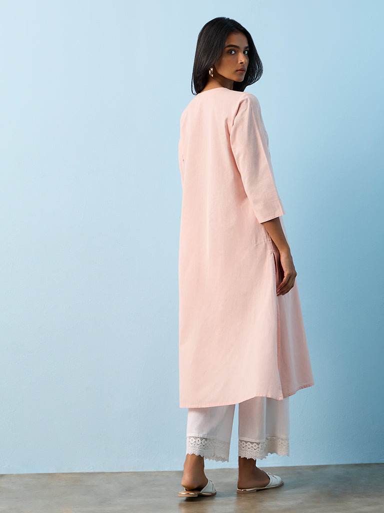 Utsa Pink Paisley Embroidered Cotton-Blend A-Line Kurta