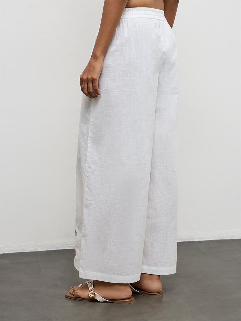 Utsa White Floral Embroidered Cotton Pants