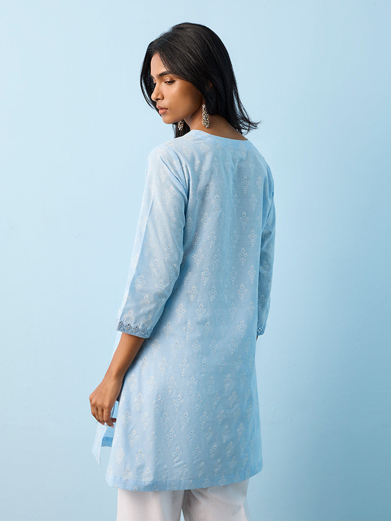 Utsa Blue Jamdani Printed Cotton A-Line Kurta