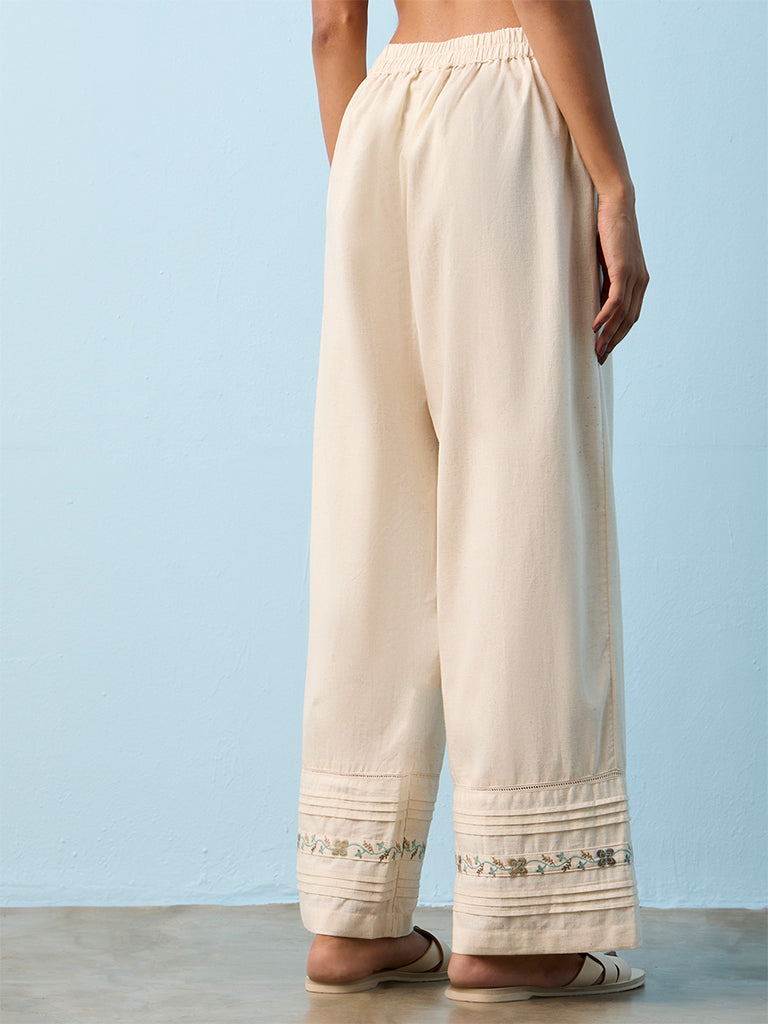 Utsa Off-White Floral Embroidered Cotton-Blend Pants