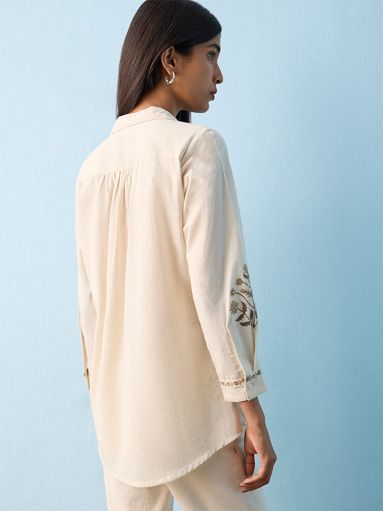Utsa Off-White Floral Embroidered Cotton-Blend Tunic
