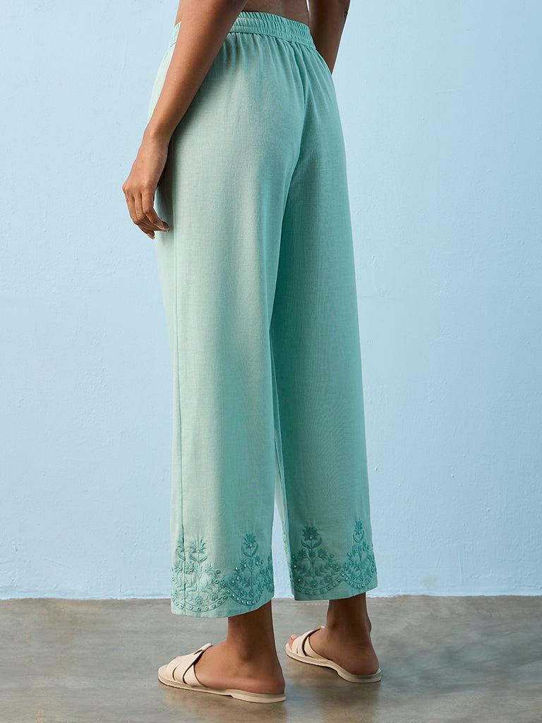 Utsa Aqua Floral Embroidered Cotton-Blend Pants