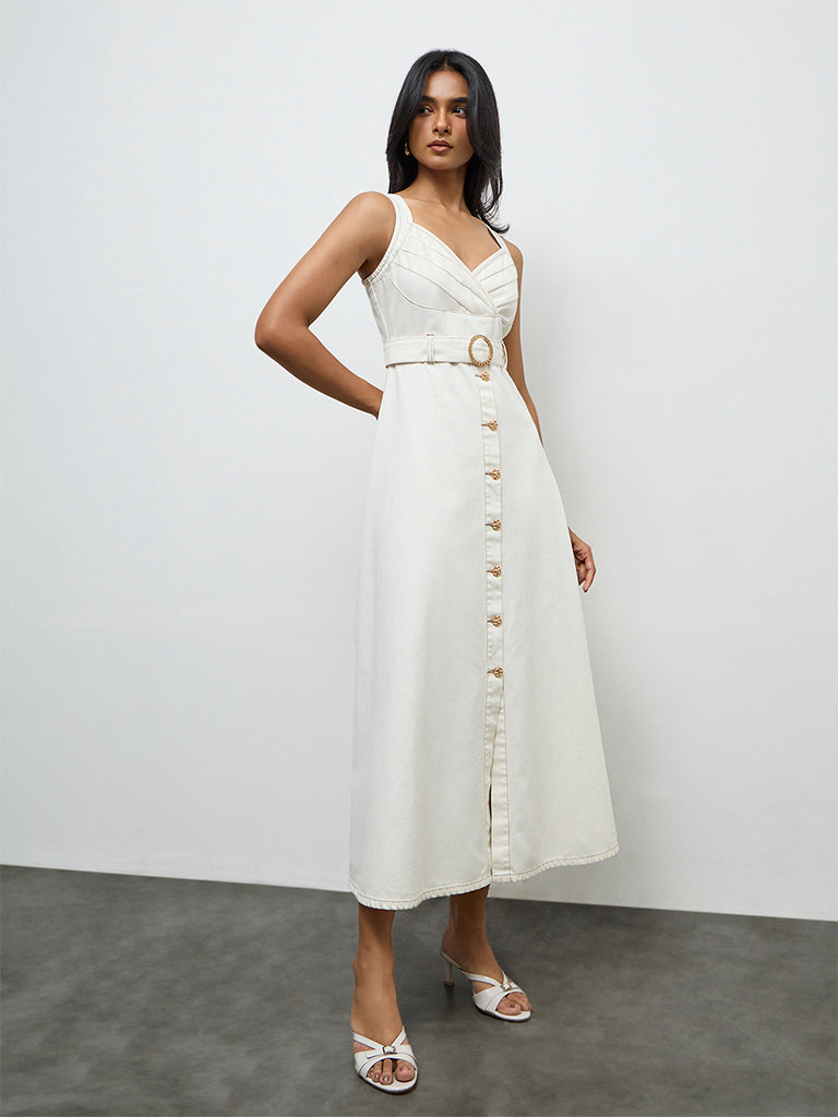 Buy LOV Off-White Denim A-Line Dress with Belt from Westside – Westside Global