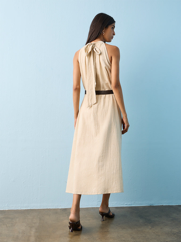 LOV Light Beige Botanical Embroidered A-Line Dress