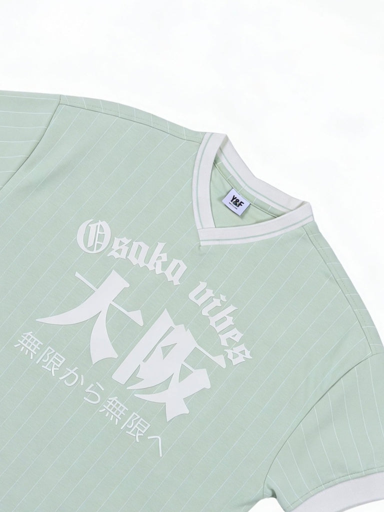 Boys Sage Green Pinstriped Graphic Printed Cotton-Blend T-Shirt