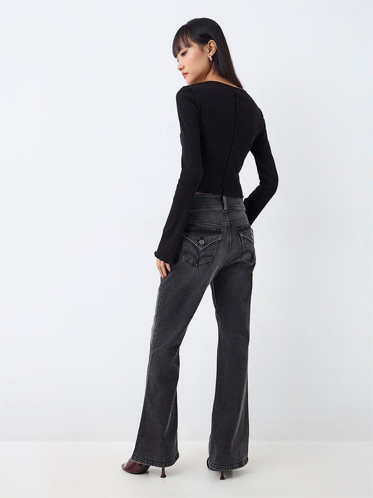 Nuon Dark Grey Wash High-Waist Flared Jeans