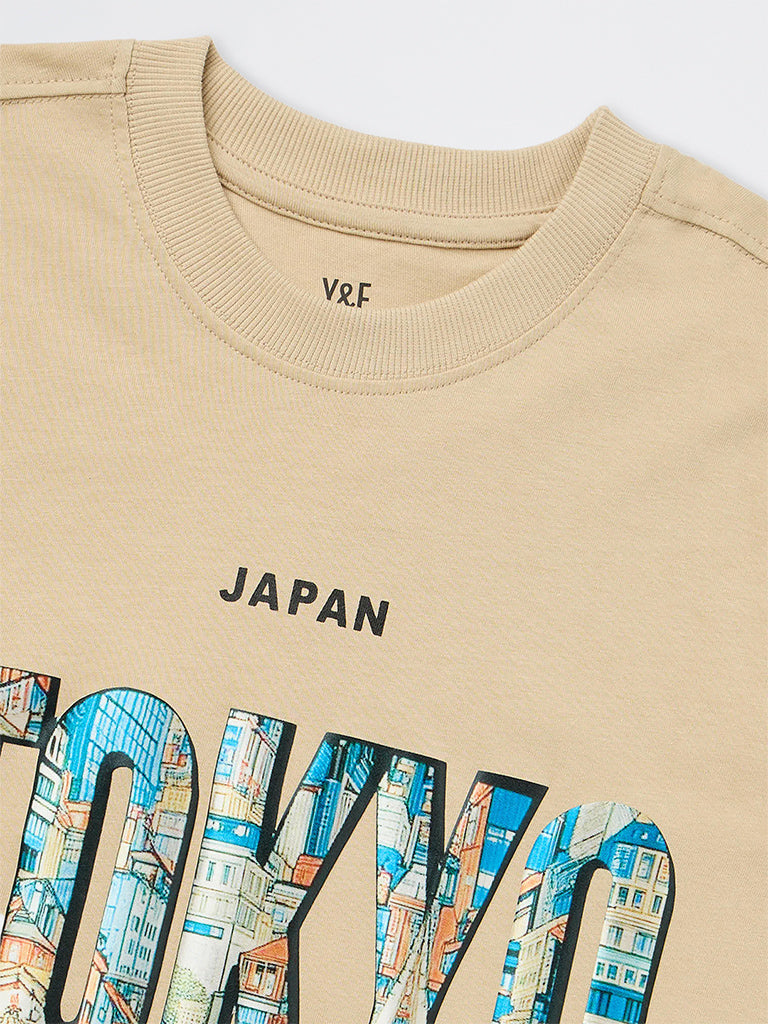 Boys Beige Text Printed Cotton T-Shirt