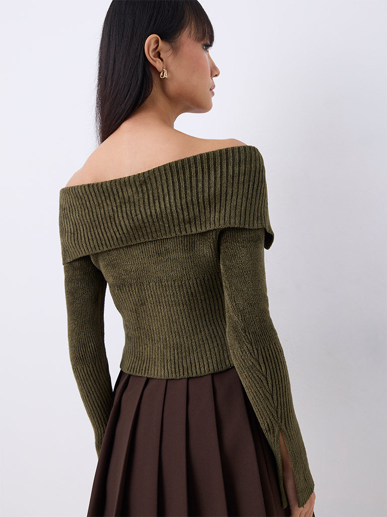 Nuon Dark Olive Ribbed-Knit Off-Shoulder Top