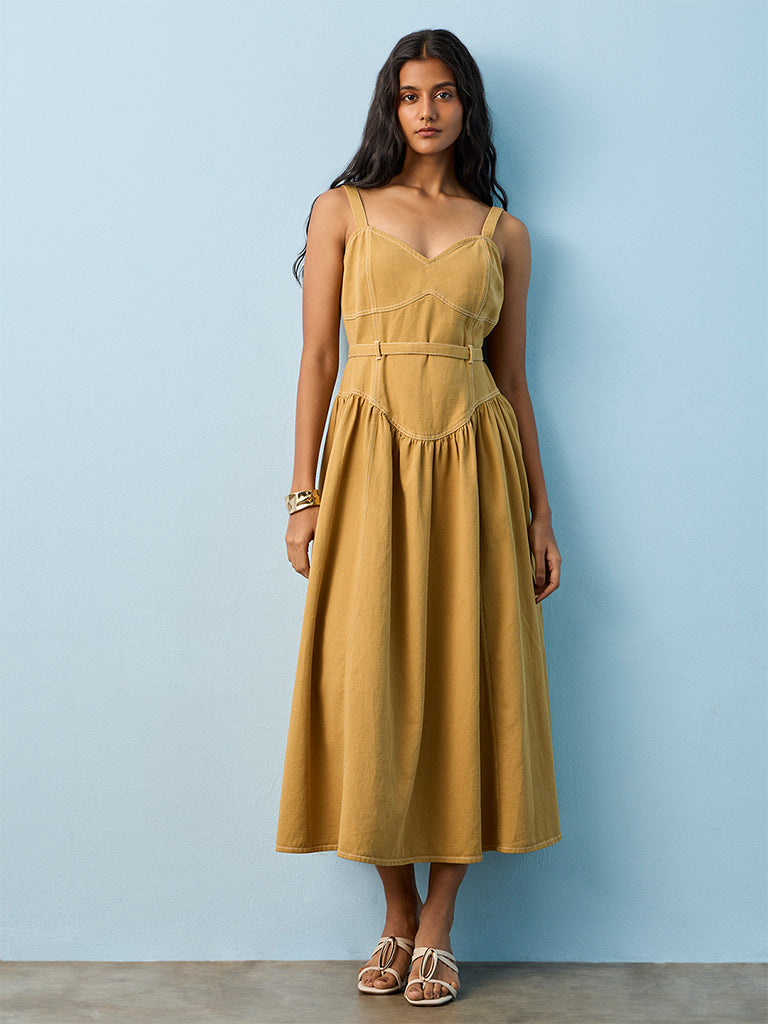 Buy Utsa Khaki Solid Cotton A-Line Dress with Belt from Westside – Westside Global