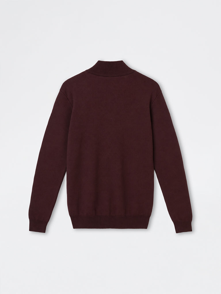 WES Formals Wine Knit-Textured Quarter-Zip Slim-Fit Sweater