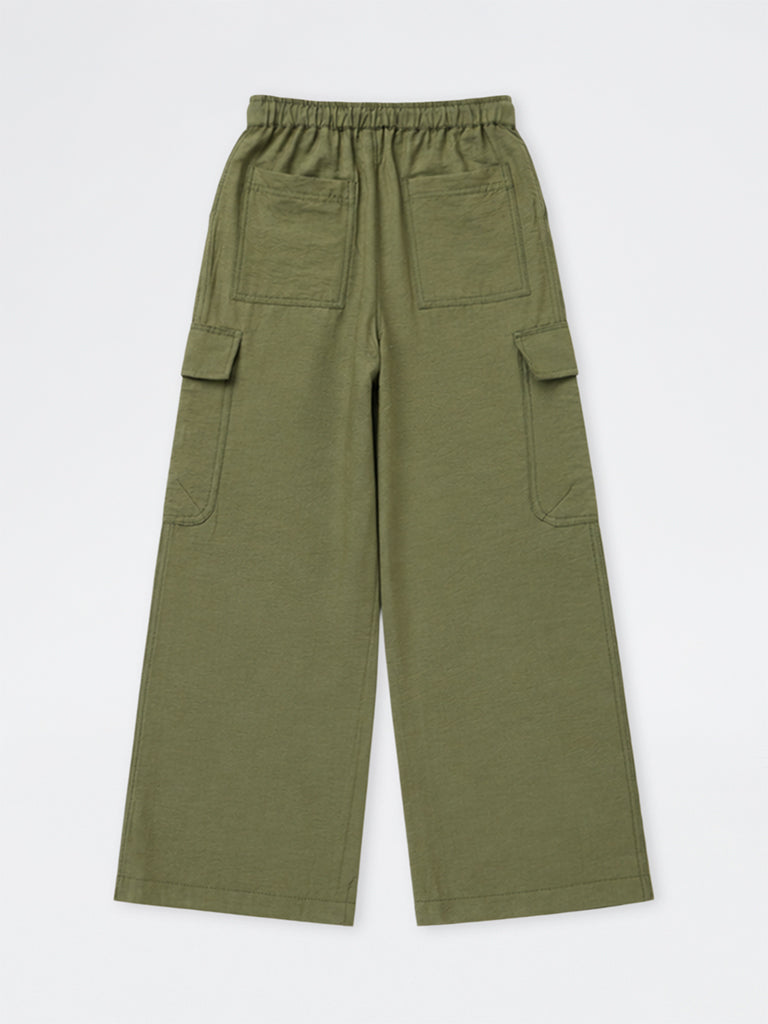 Girls Olive Textured High-Rise Trousers