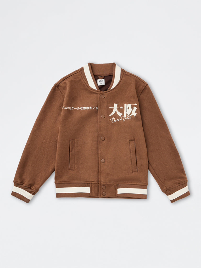 Boys Brown Japanese Embroidered Suede Varsity Jacket