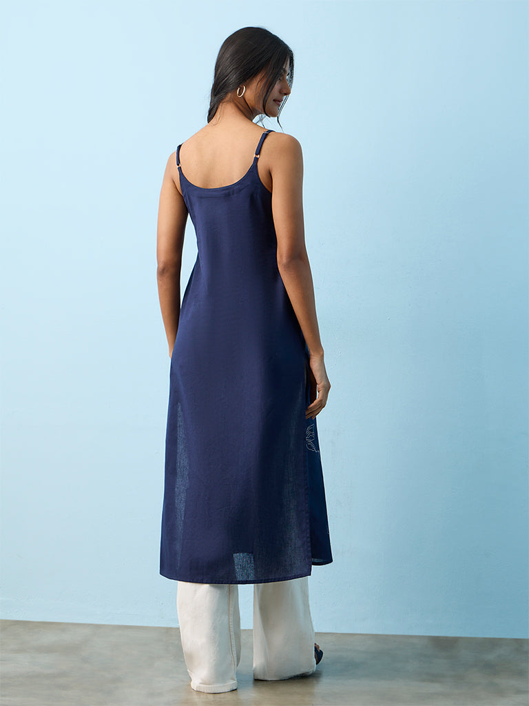 Utsa Navy Floral Printed Cotton-Blend Straight Kurta