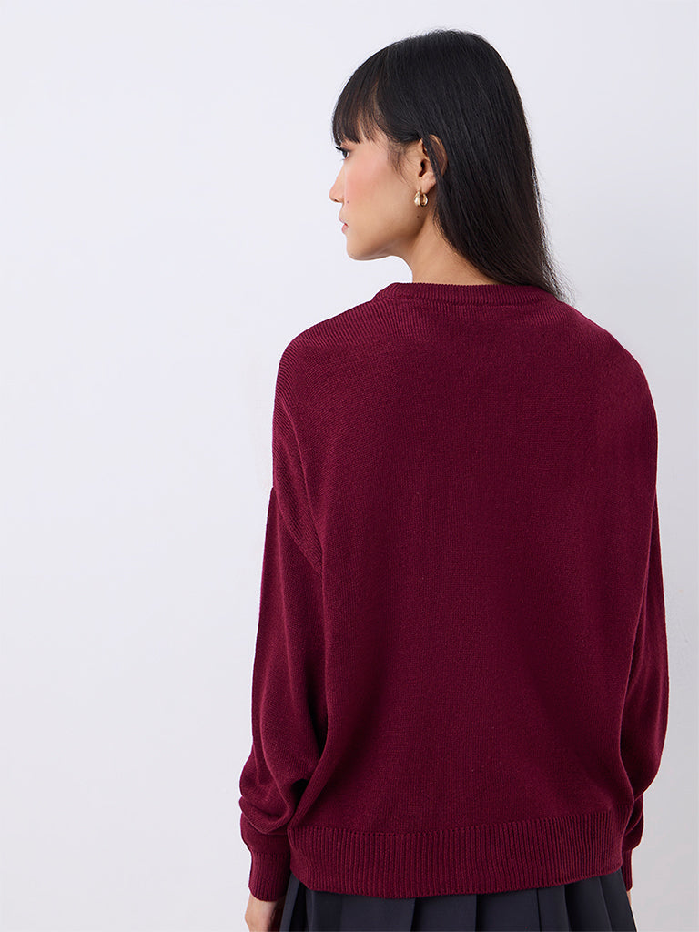 Nuon Burgundy Teddy-Detail Ribbed-Knit T-Shirt