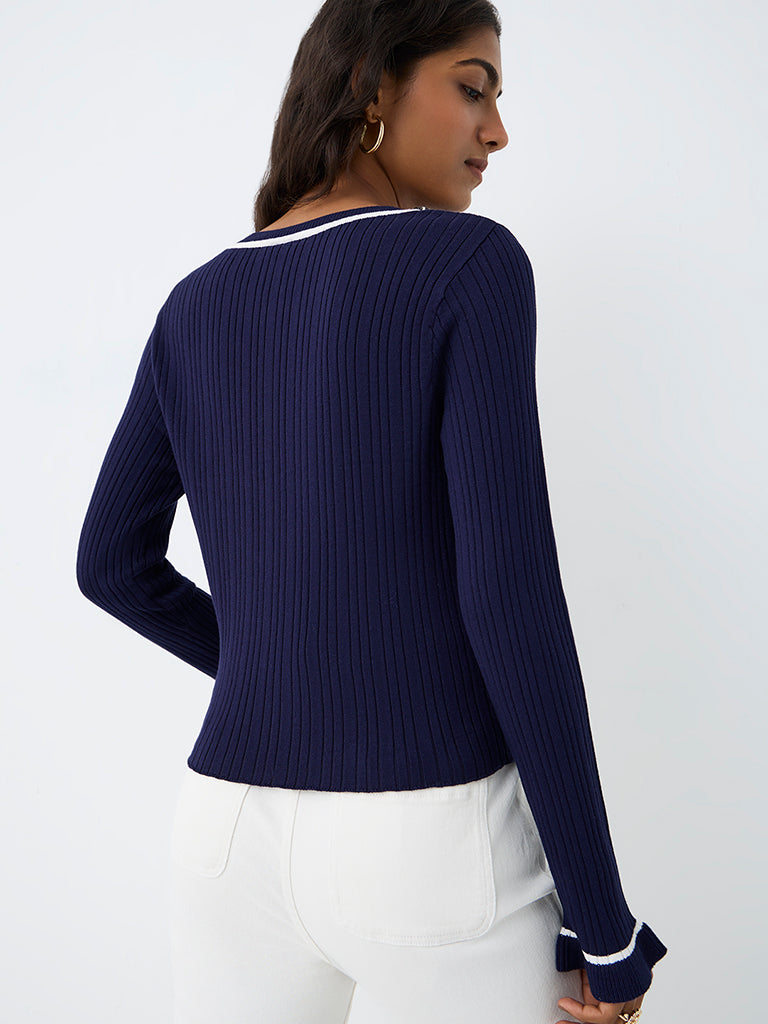 LOV Navy Ribbed-Textured Top