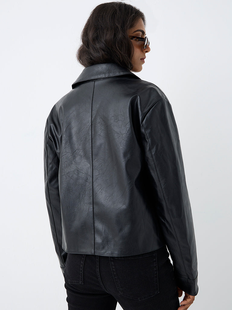 LOV Black Crinkle-Textured Faux Leather Jacket