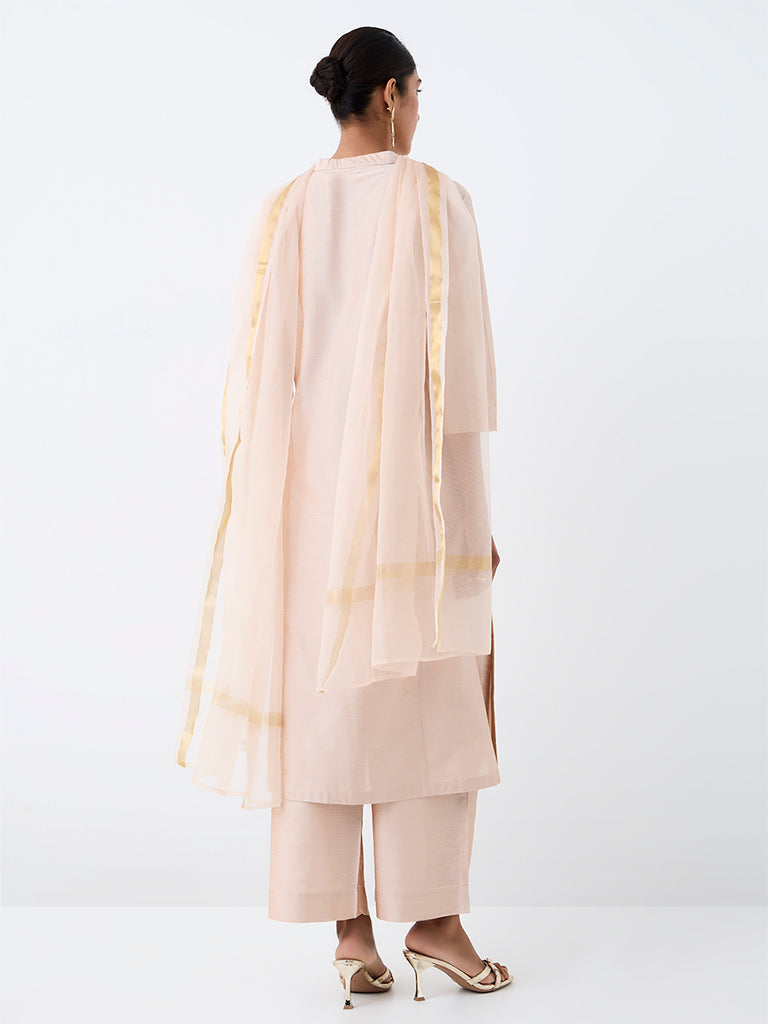 Vark Light Peach Floral Embroidered A-Line Ethnic Set
