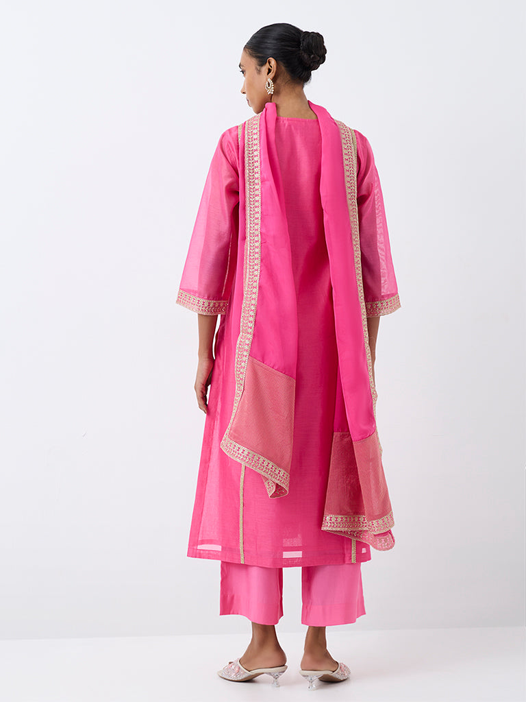 Vark Pink Floral Embroidered A-Line Ethnic Set