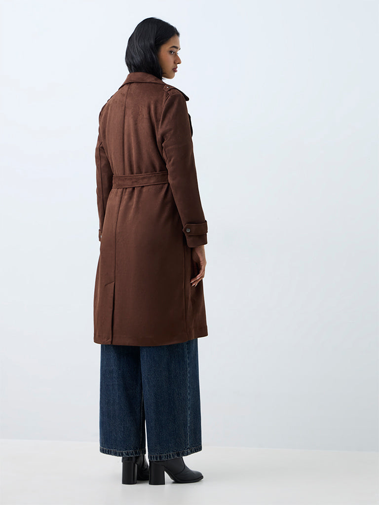LOV Dark Brown Longline Suede Jacket with Belt