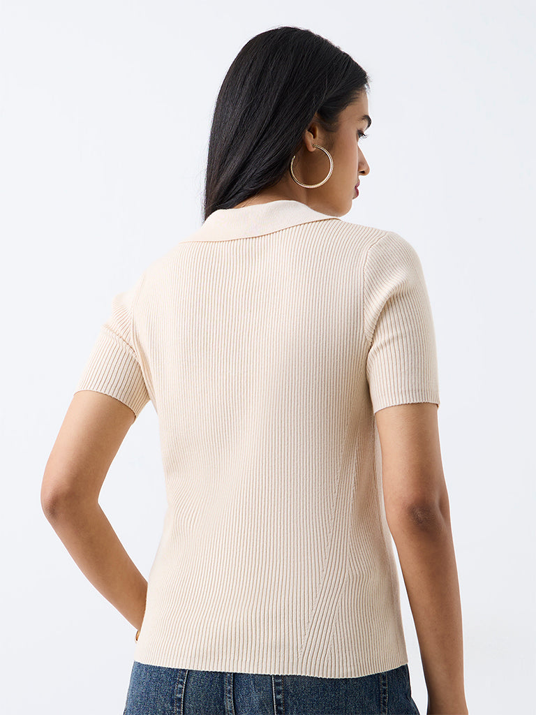 LOV Light Beige Ribbed-Textured Polo Top
