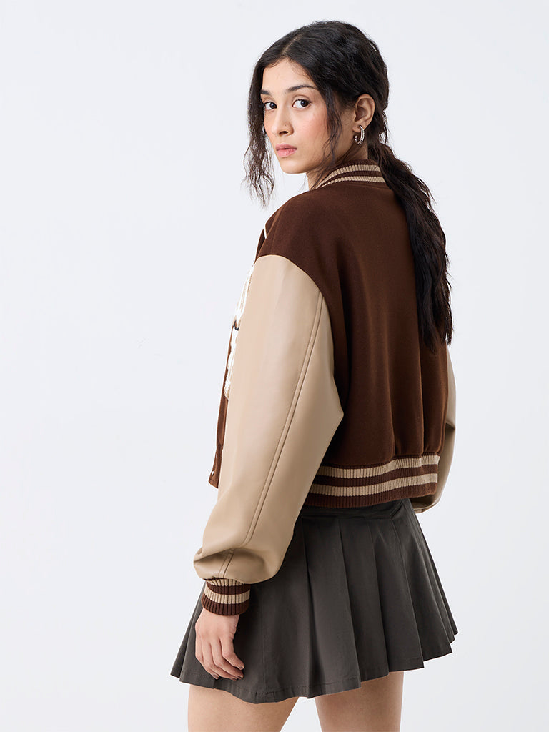 Nuon Brown Colour-Blocked Varsity Jacket