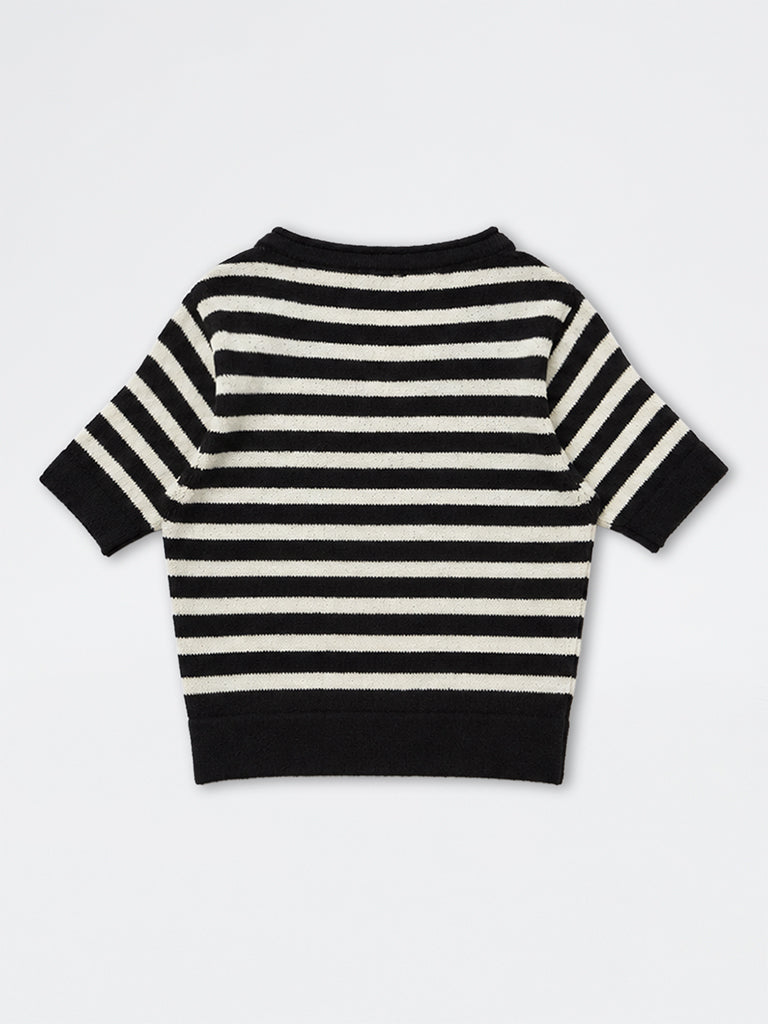 Girls Black Striped Cotton-Blend T-Shirt