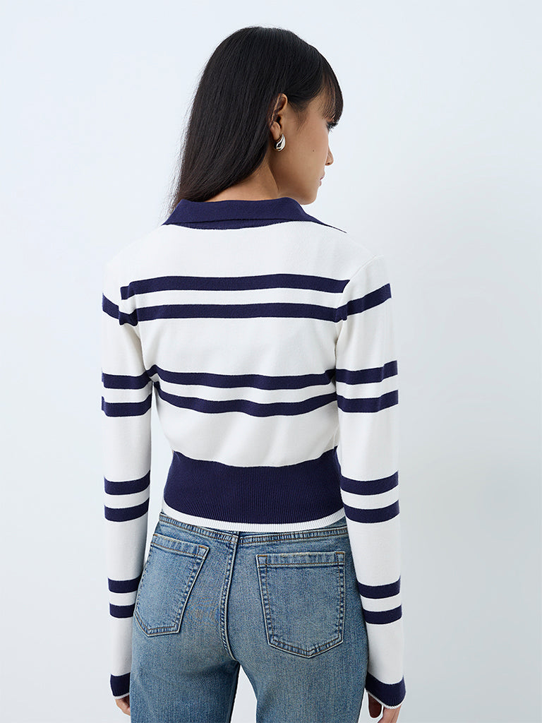 Nuon White and Navy Striped Knitted Top
