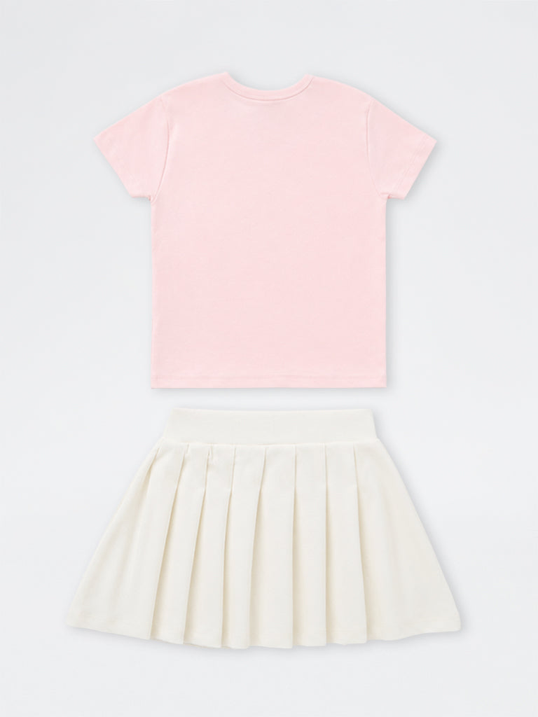 Girls Pink Text Design Cotton-Blend T-Shirt and Skirt Set