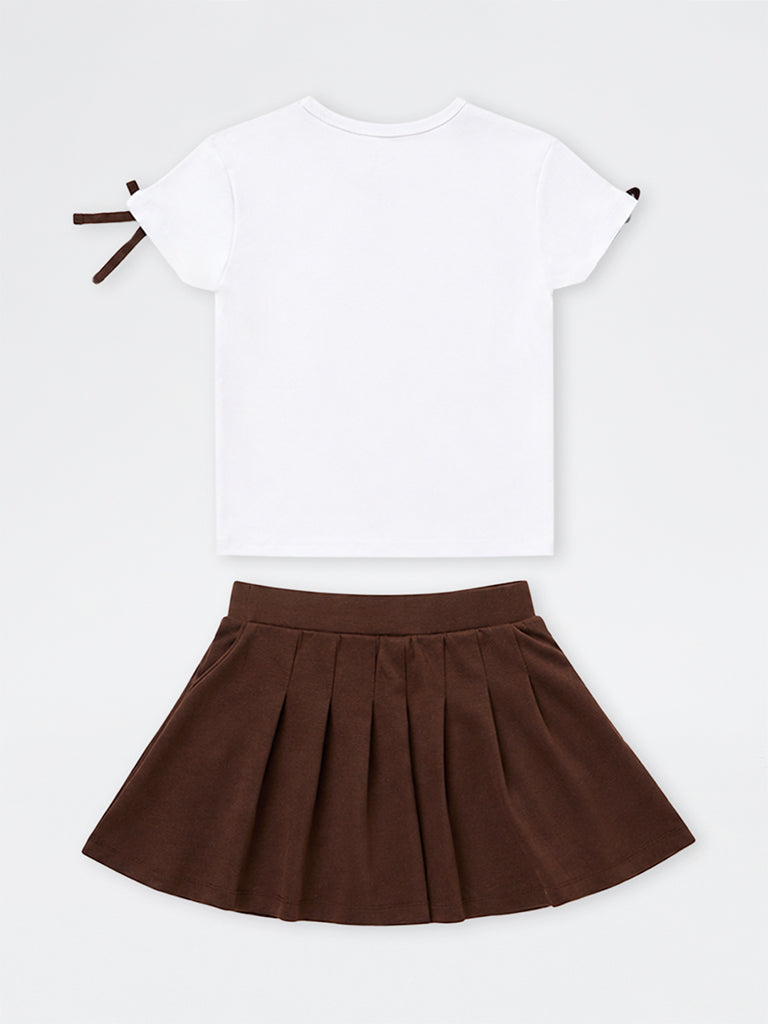 Girls Brown Text Printed Cotton-Blend T-Shirt and Skirt Set
