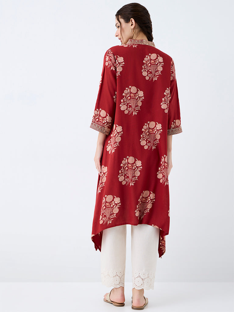 Utsa Red Floral Printed Asymmetrical A-Line Kurta