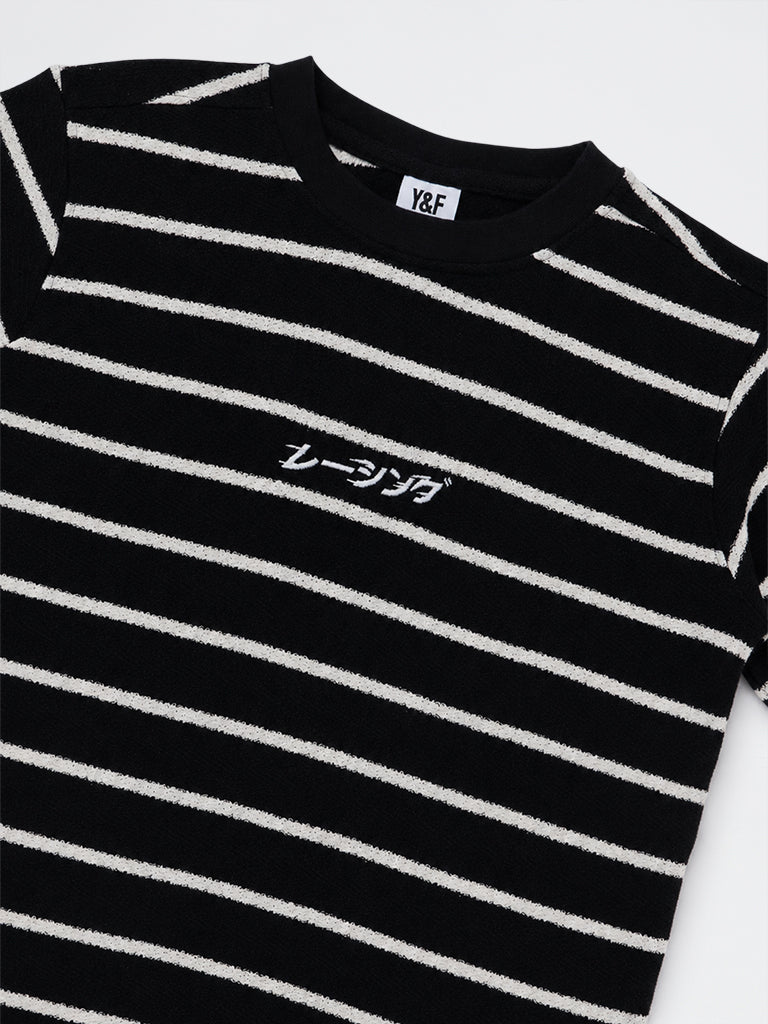Boys Black Striped Knit-Textured Cotton-Blend T-Shirt
