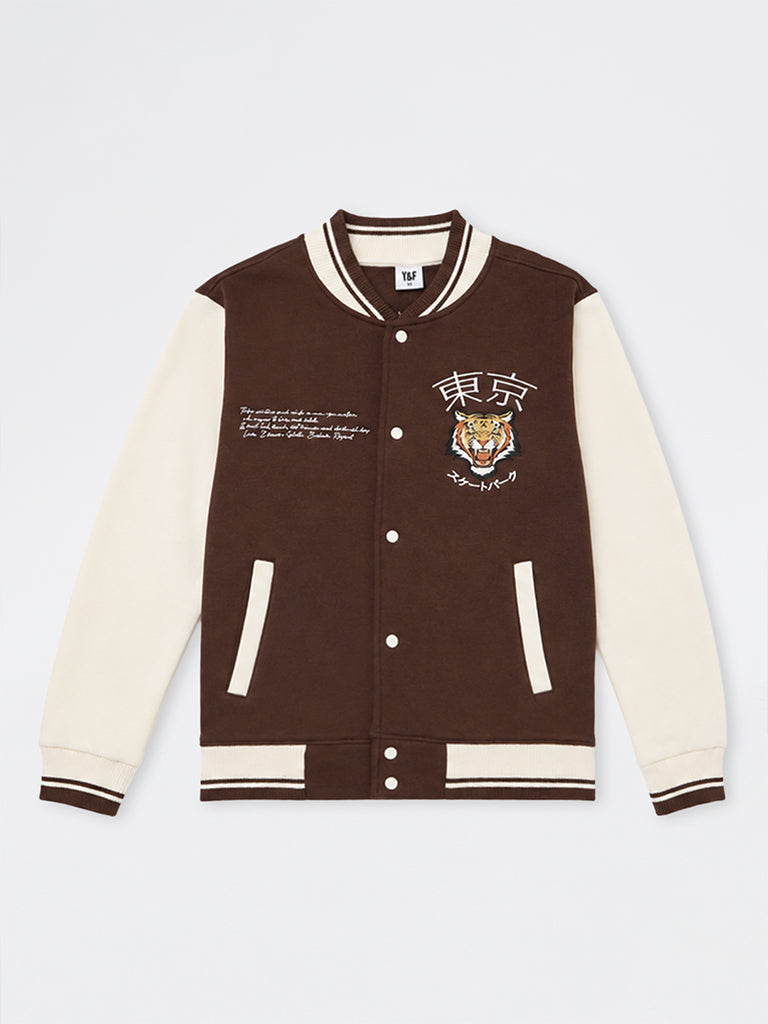 Boys Brown Tiger Embroidered Cotton-Blend Varsity Jacket