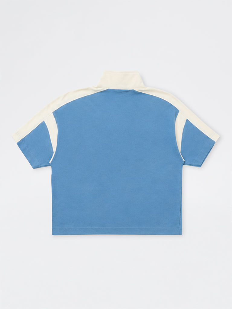 Boys Blue Colour-Blocked Quarter-Zip Cotton T-Shirt