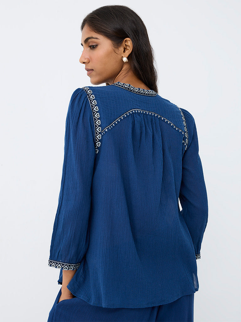 Utsa Indigo Heart Embroidered Cotton Tunic
