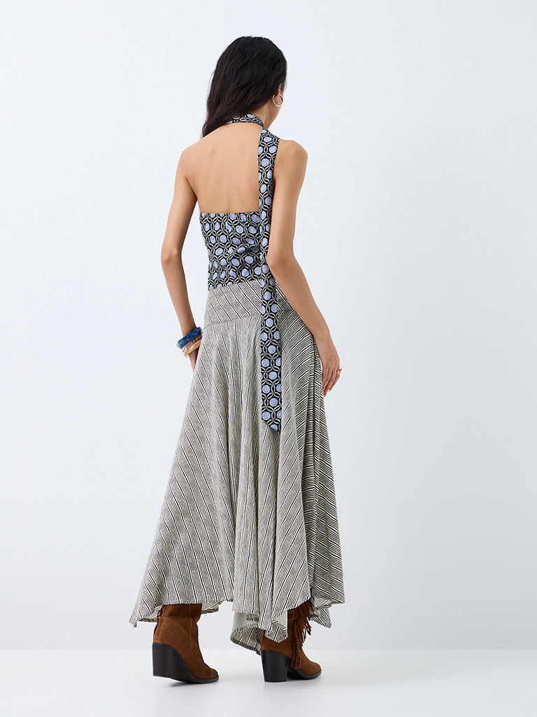 Bombay Paisley Black Striped High-Rise Asymmetrical Skirt