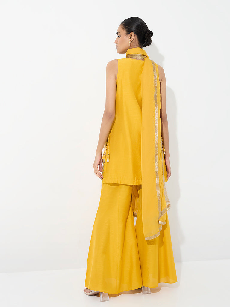 Vark Yellow Floral Embroidered A-Line Ethnic Set
