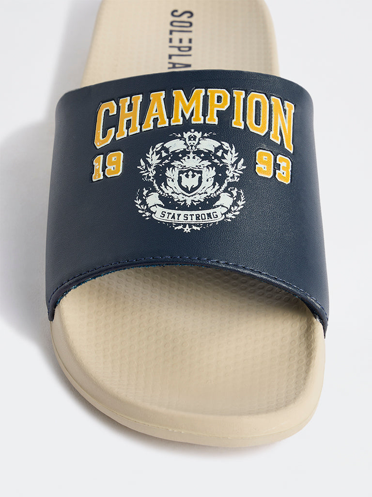 SOLEPLAY Navy Text-Detail Pool Slides