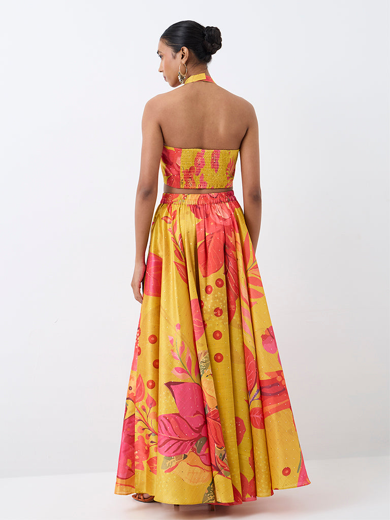 Vark Yellow Floral Printed Flared Maxi Skirt