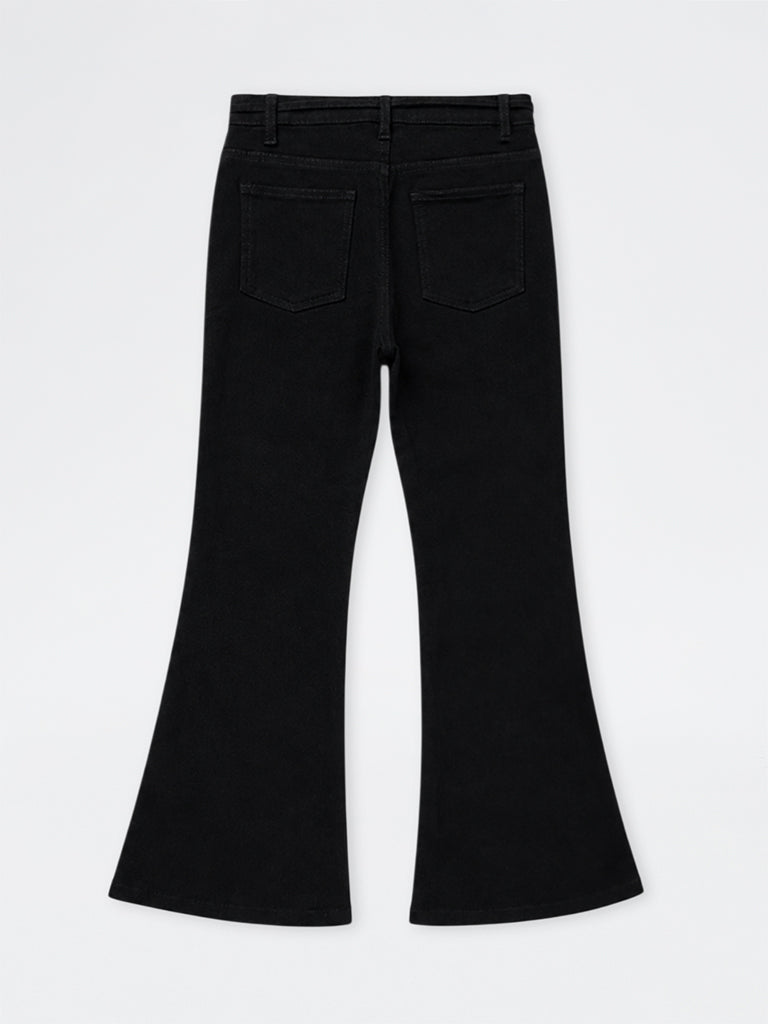 Girls Black High-Rise Flared Jeans with Belt