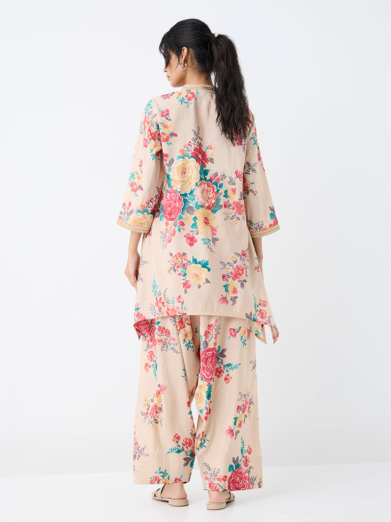 Utsa Light Beige Floral Pattern Kurti
