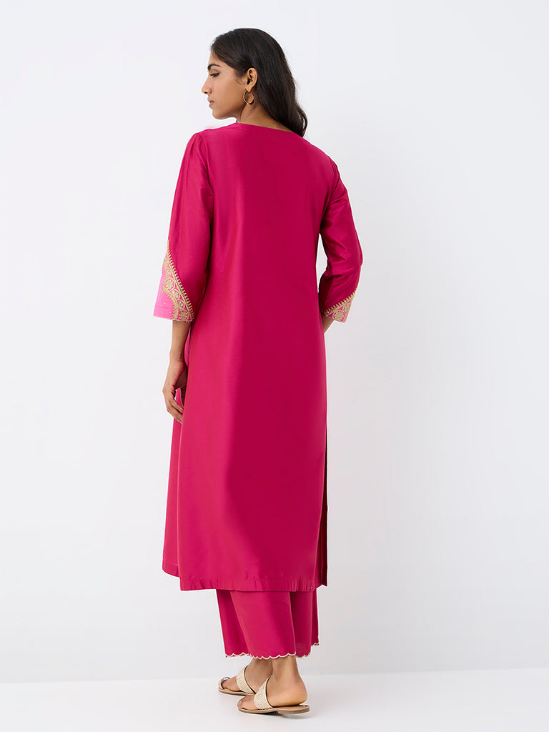 Utsa Fuchsia Zari Embroidered A-Line Kurta