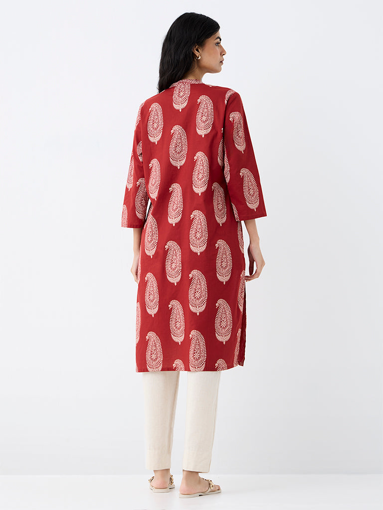 Utsa Red Paisley Printed Cotton Straight Kurta