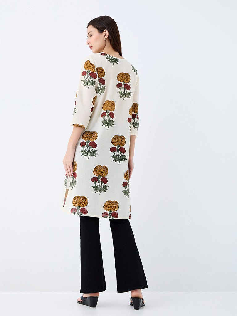 Utsa Off-White Floral Printed Cotton Straight-Fit Kurta